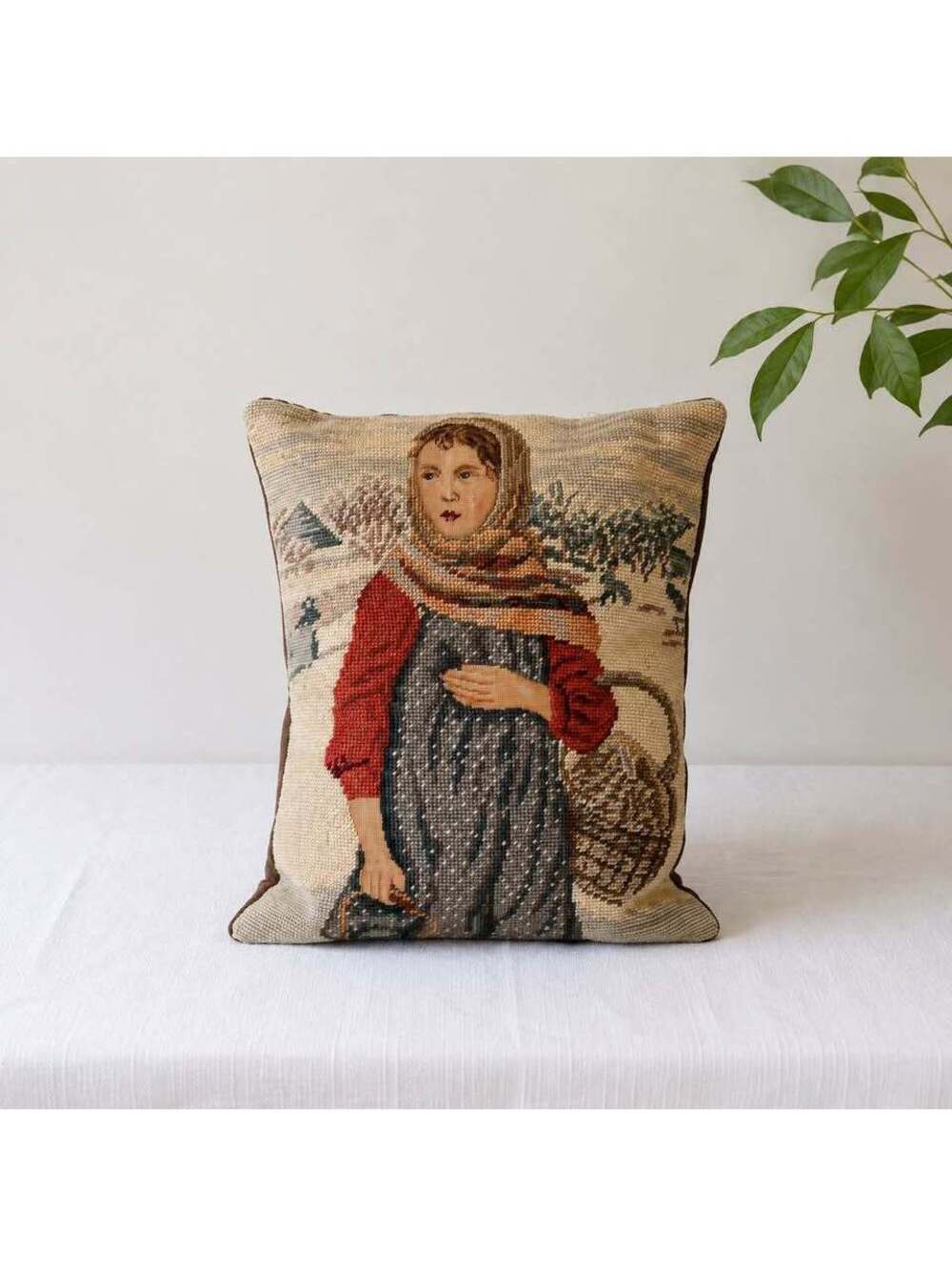 Vintage Needlepoint Pillow Girl Winter Landscape Albert Anker Style Velvet Back